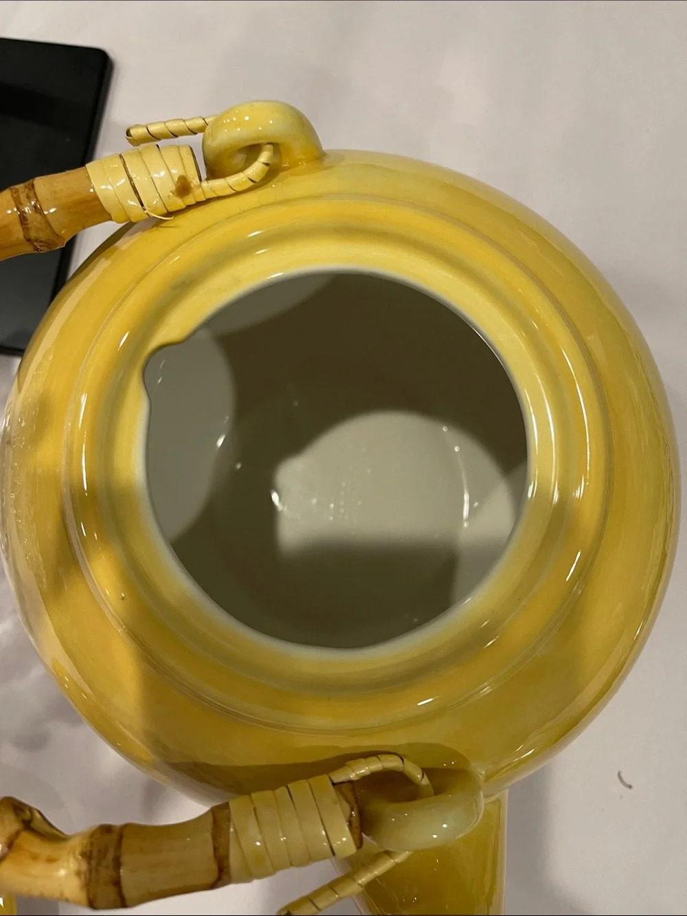 Pottery Barn Sausalito Yellow Ceramic Teapot Bamboo Handle Tea Kettle